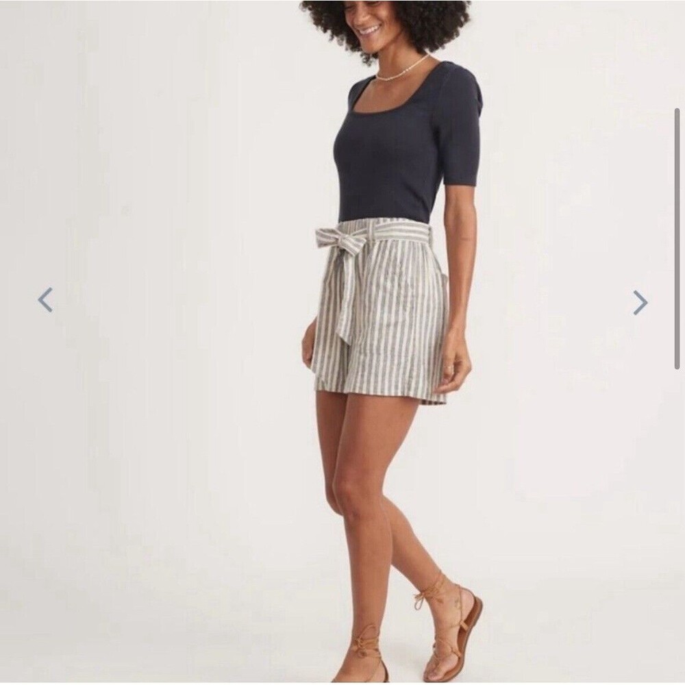 Marine Layer Sz S Karleigh Belted Shorts In India Ink White Double Stripe Hemp - Picture 2 of 15